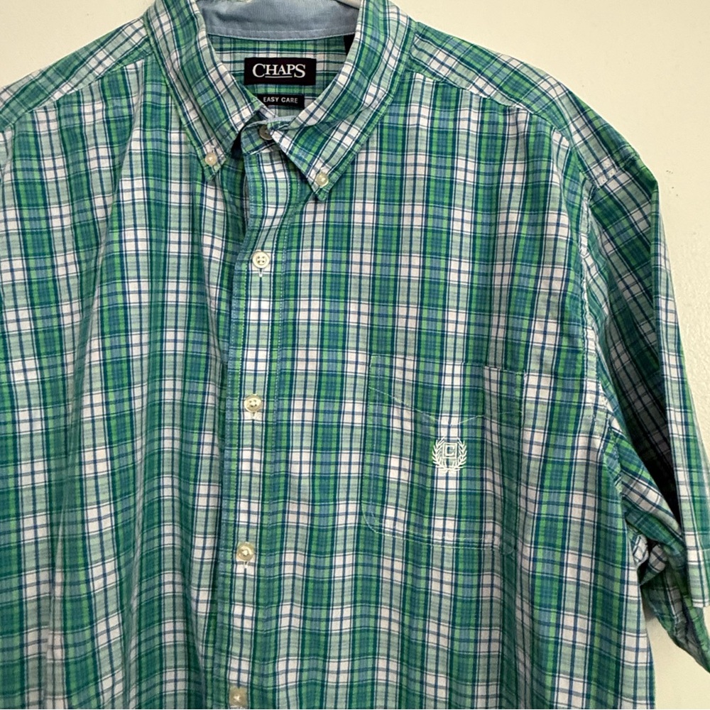 Chaps Blue and Green Plaid Shirt Men’s XXL Short Sleeve Pocket Button Down
